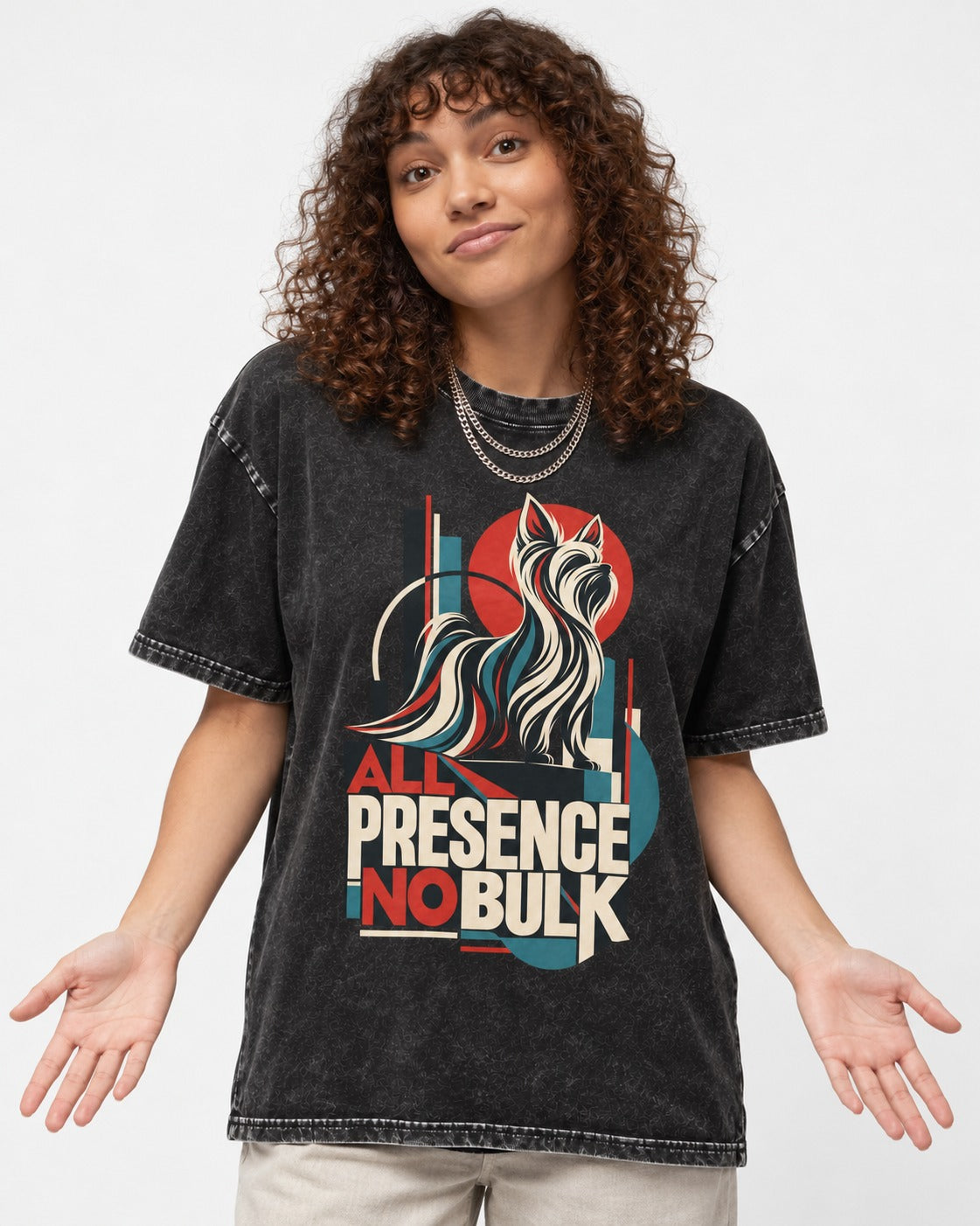 Yorkshire Terrier All Presence No Bulk Geometric Portrait Graphic Washed Tee in Black, worn by a model