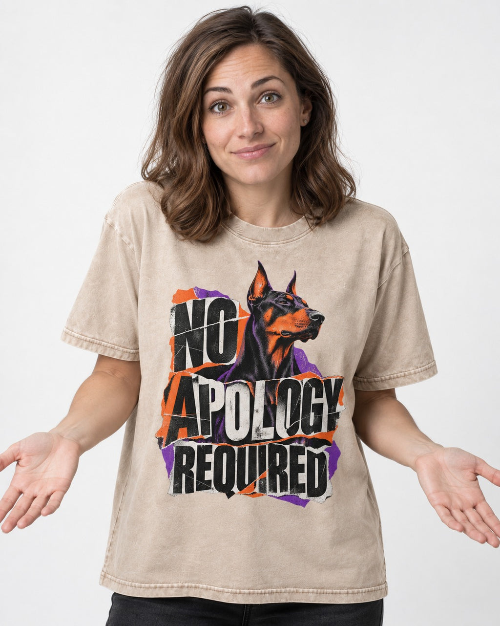 Doberman No Apology Required Torn Paper Graphic Washed Tee in Apricot, worn by a model
