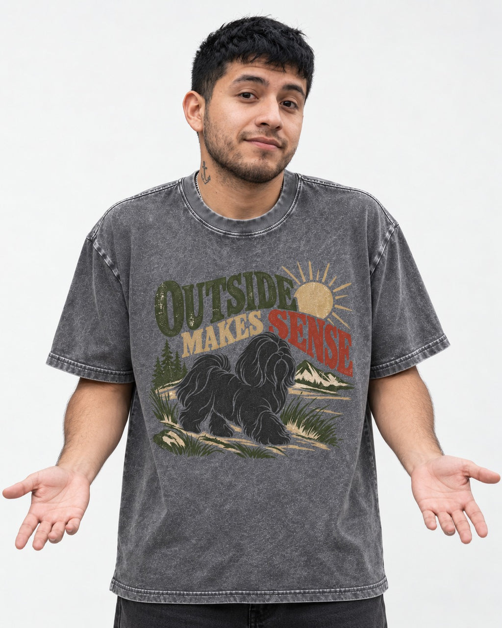 Shih Tzu Outside Makes Sense Mountain Trail Graphic Washed Tee in Gray, worn by a model