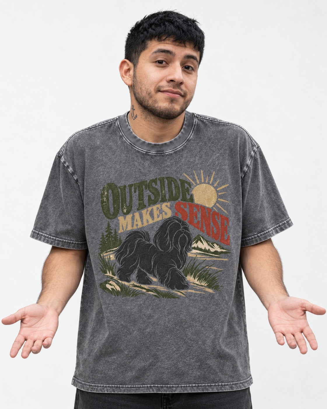 Shih Tzu Outside Makes Sense Mountain Trail Graphic Washed Tee in Gray, worn by a model
