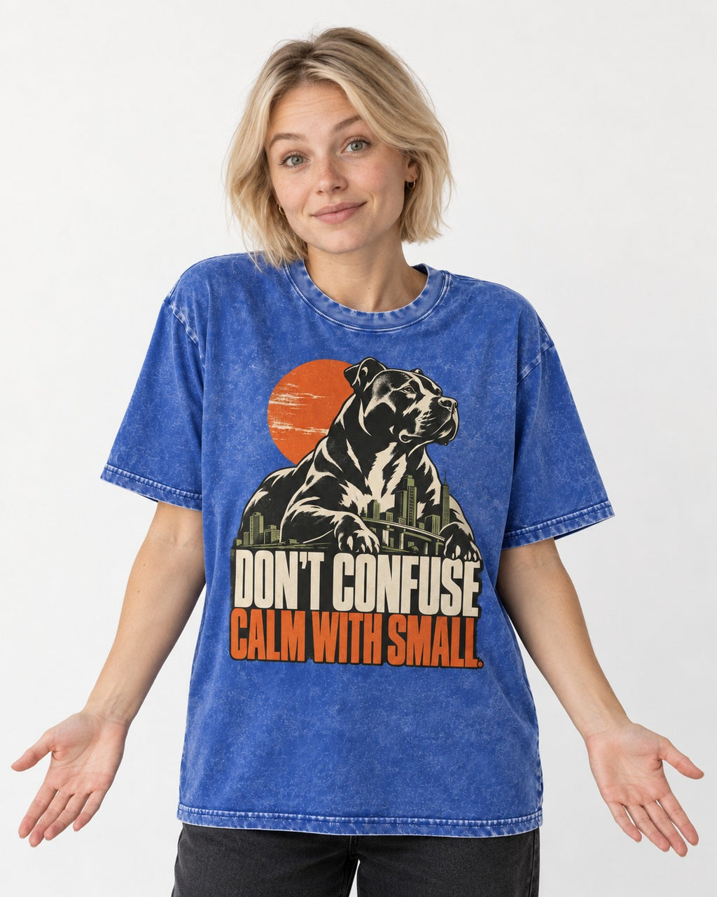 Pitbull Don't Confuse Calm with Small City Guardian Graphic Washed Tee in Royal Blue, worn by a model