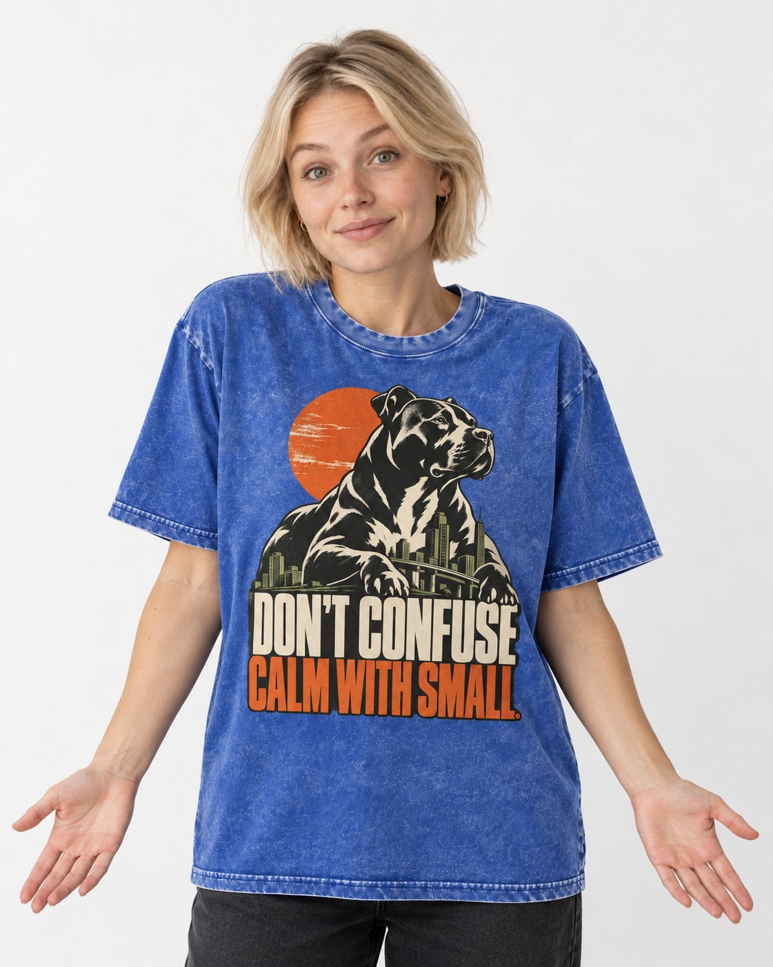 Pitbull Don't Confuse Calm with Small City Guardian Graphic Washed Tee in Royal Blue, worn by a model