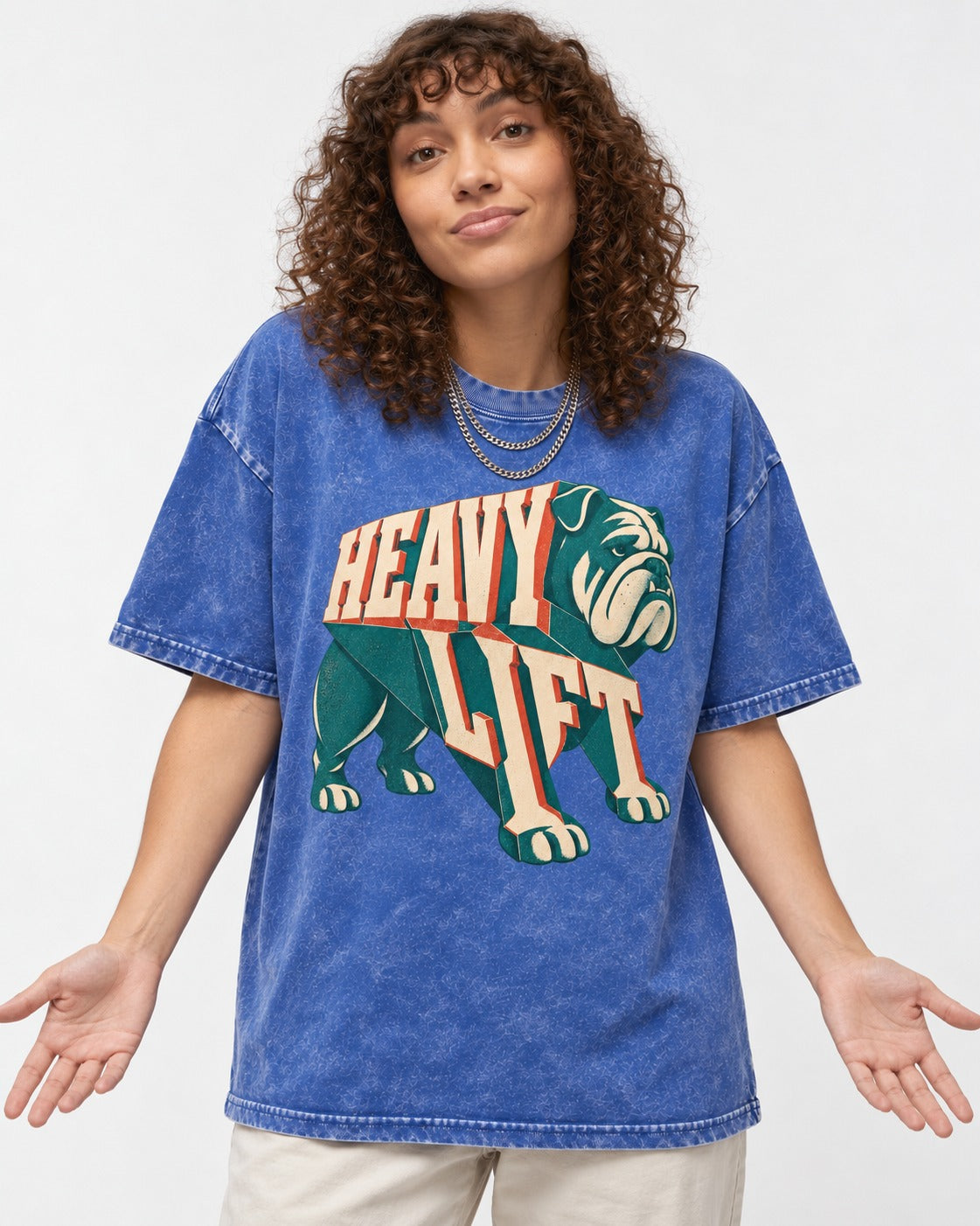 English Bulldog Heavy Lift Dimensional Type Washed Tee in Royal Blue, worn by a model