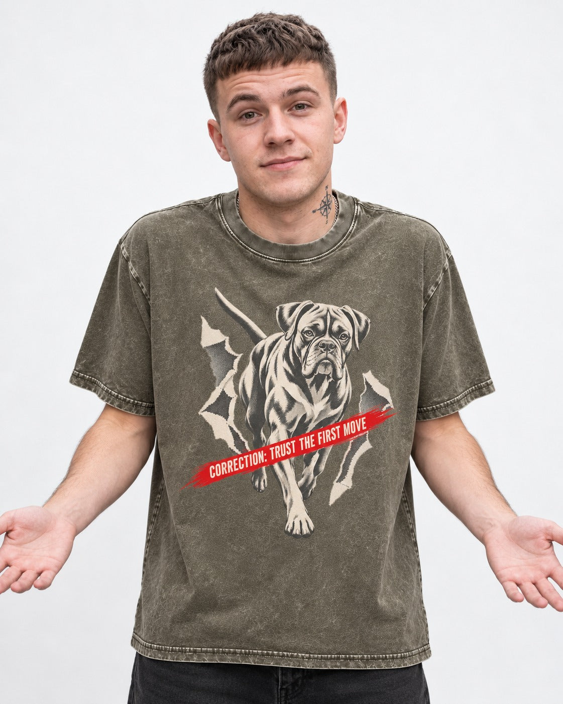 Mastiff Mismatch Boxer Needs Review Washed Tee in Army Green, worn by a model
