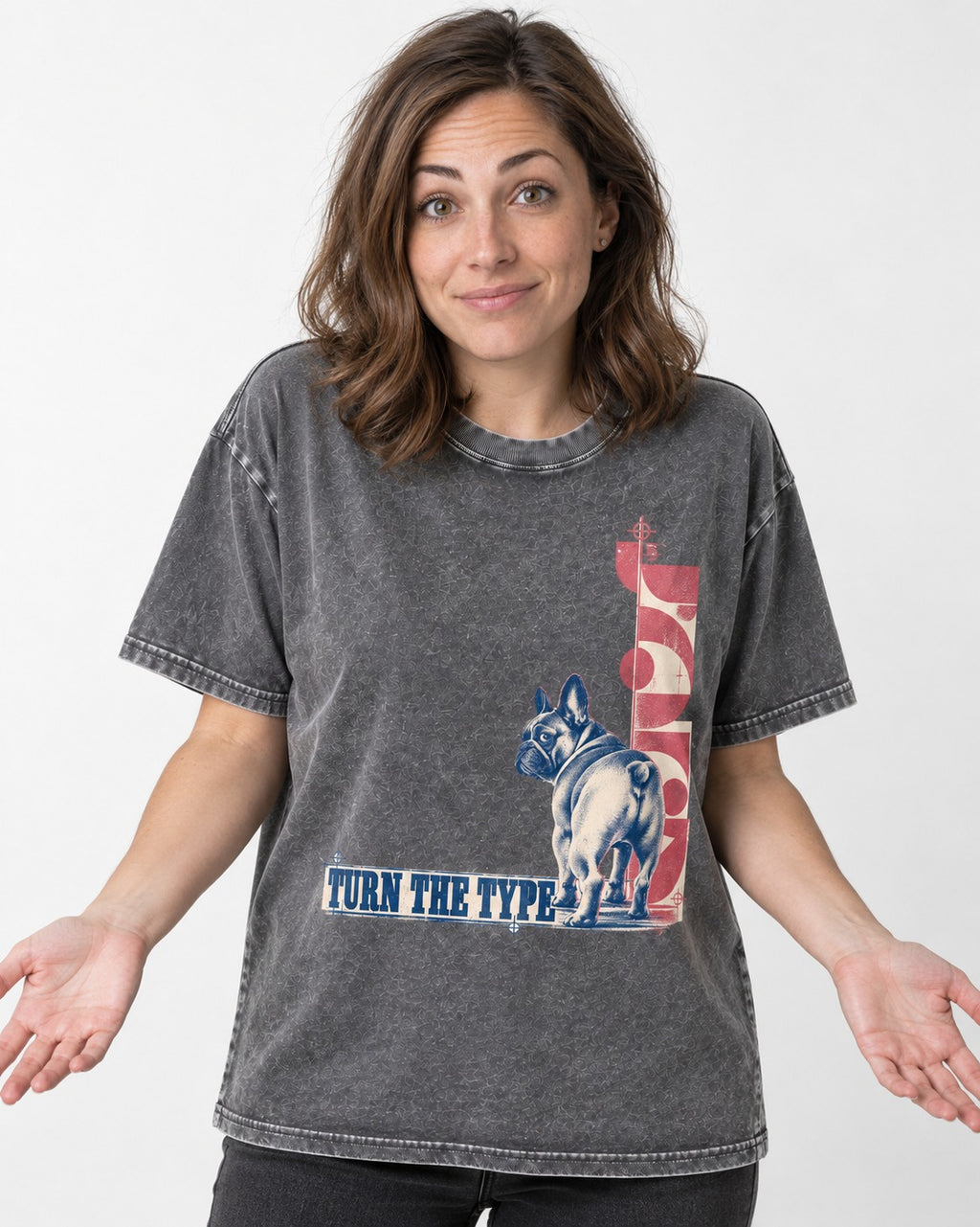 Frenchie Turn the Type Washed Tee in Gray, worn by a model