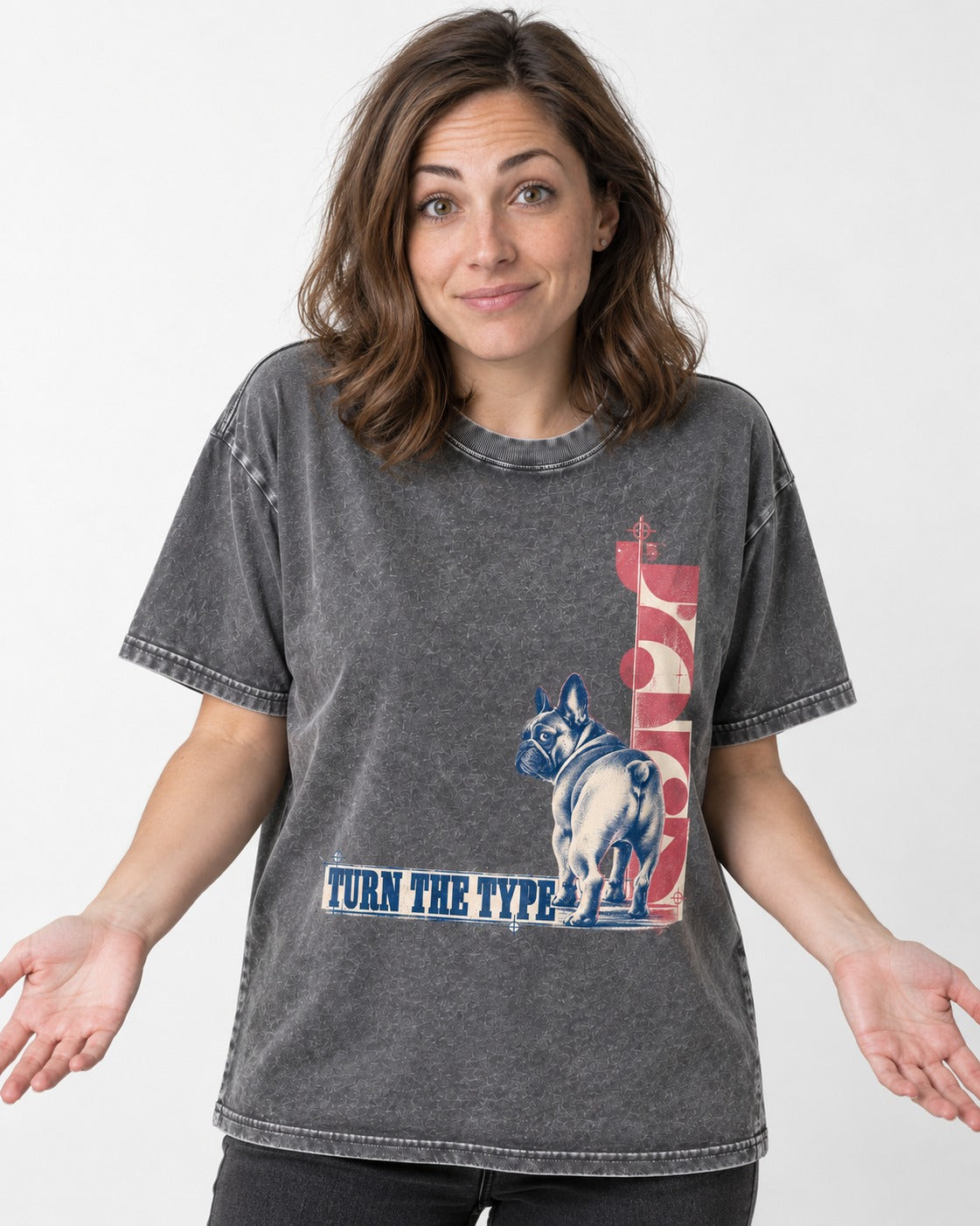 Frenchie Turn the Type Washed Tee in Gray, worn by a model