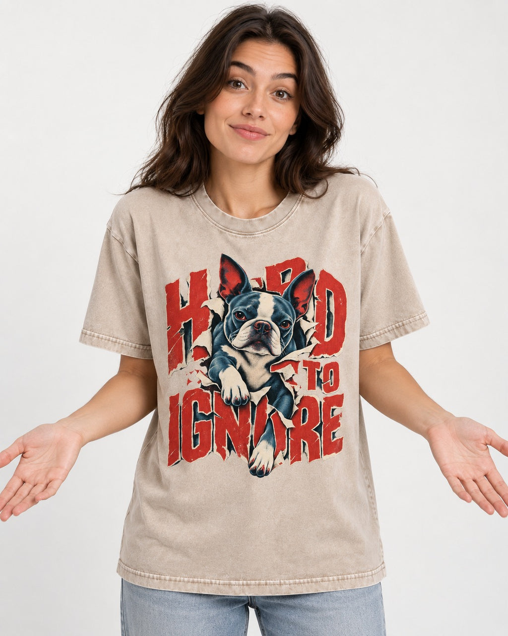 Hard to Ignore Boston Terrier Graphic Washed Tee in Apricot, worn by a model