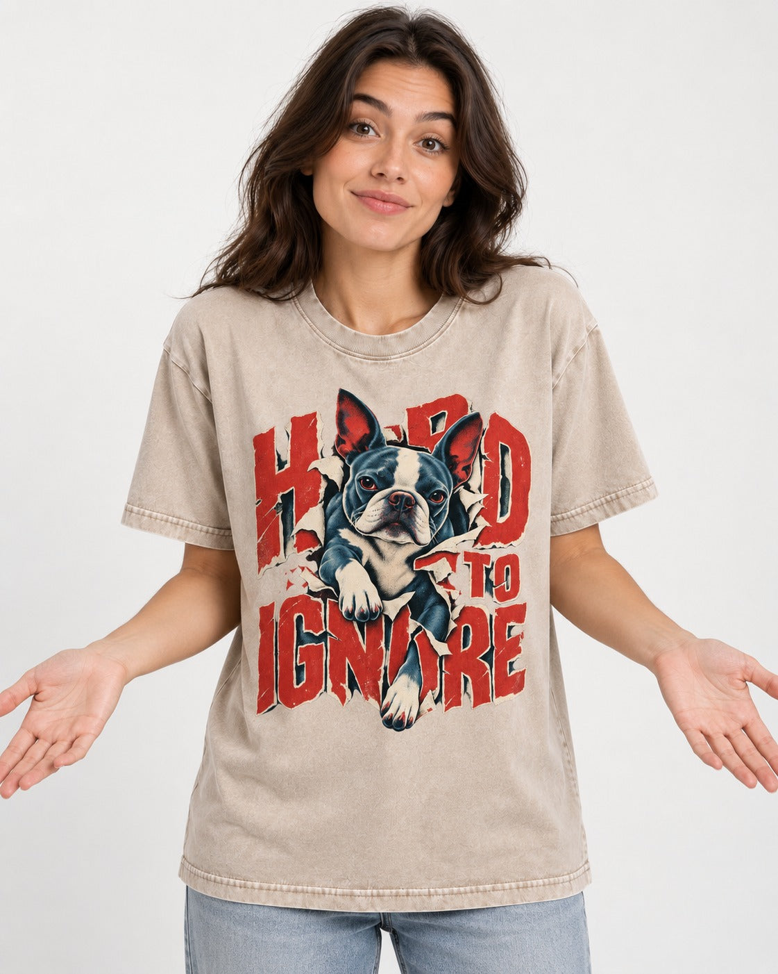Hard to Ignore Boston Terrier Graphic Washed Tee in Apricot, worn by a model