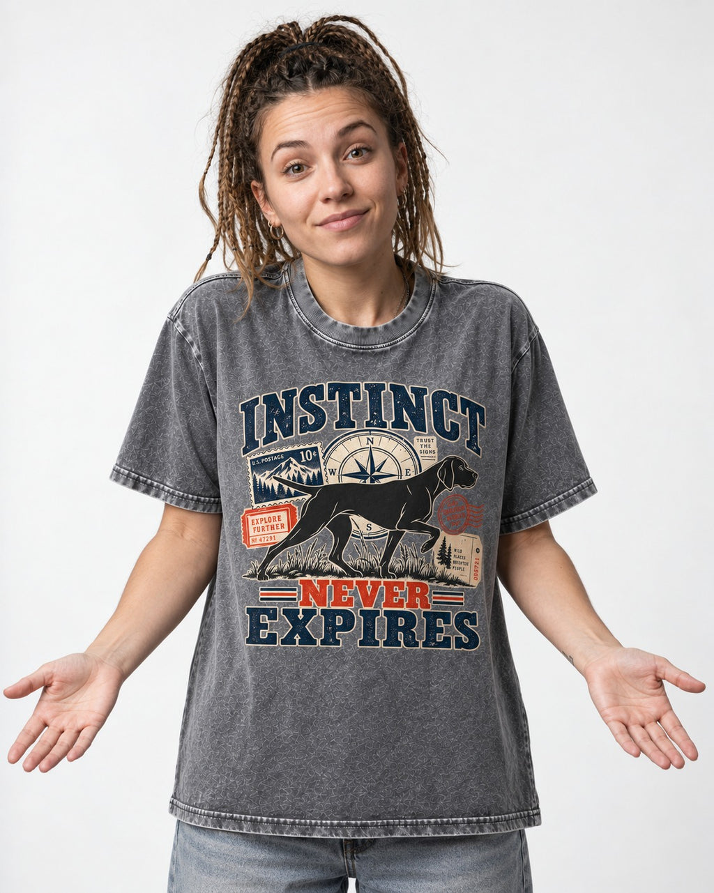German Shorthaired Pointer Instinct Never Expires Washed Tee in Gray, worn by a model