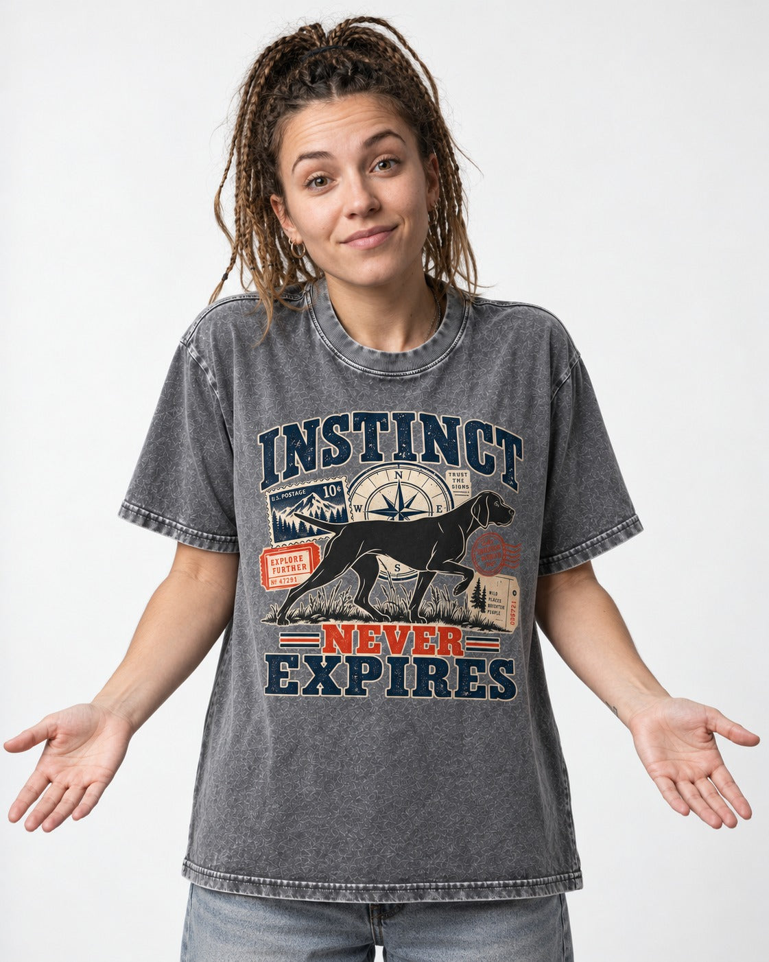German Shorthaired Pointer Instinct Never Expires Washed Tee in Gray, worn by a model