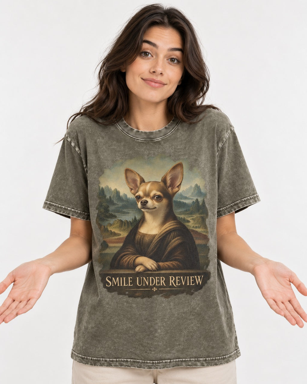 Chihuahua Smile Under Review Mona Lisa Portrait Washed Tee in Army Green, worn by a model