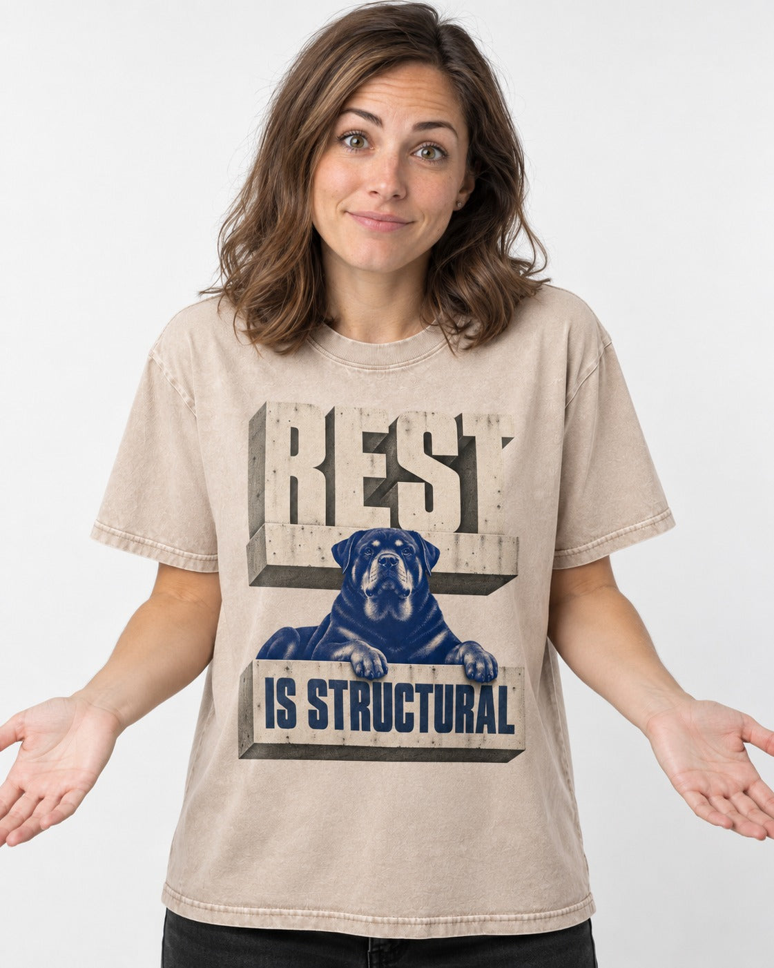 Rottweiler Rest Is Structural Architectural Type Graphic Washed Tee in Apricot, worn by a model