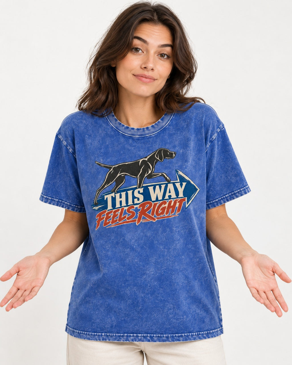 This Way Feels Right Arrow German Shorthaired Pointer Graphic Washed Tee in Royal Blue, worn by a model