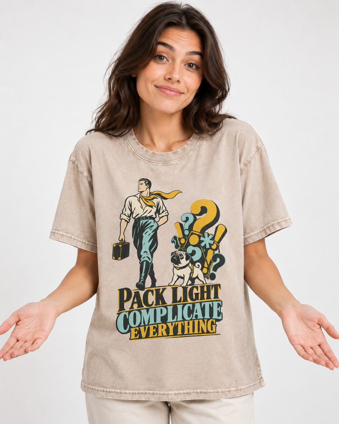 Pug Pack Light Complicate Everything Washed Tee in Apricot, worn by a model