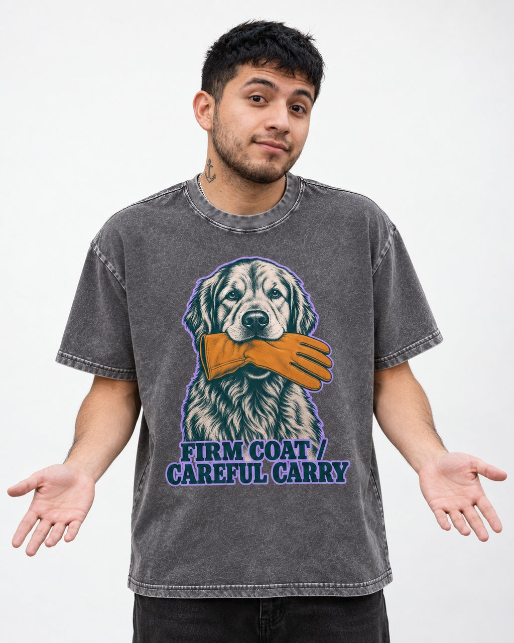 Golden Retriever Firm Coat Careful Carry Washed Tee in Gray, worn by a model