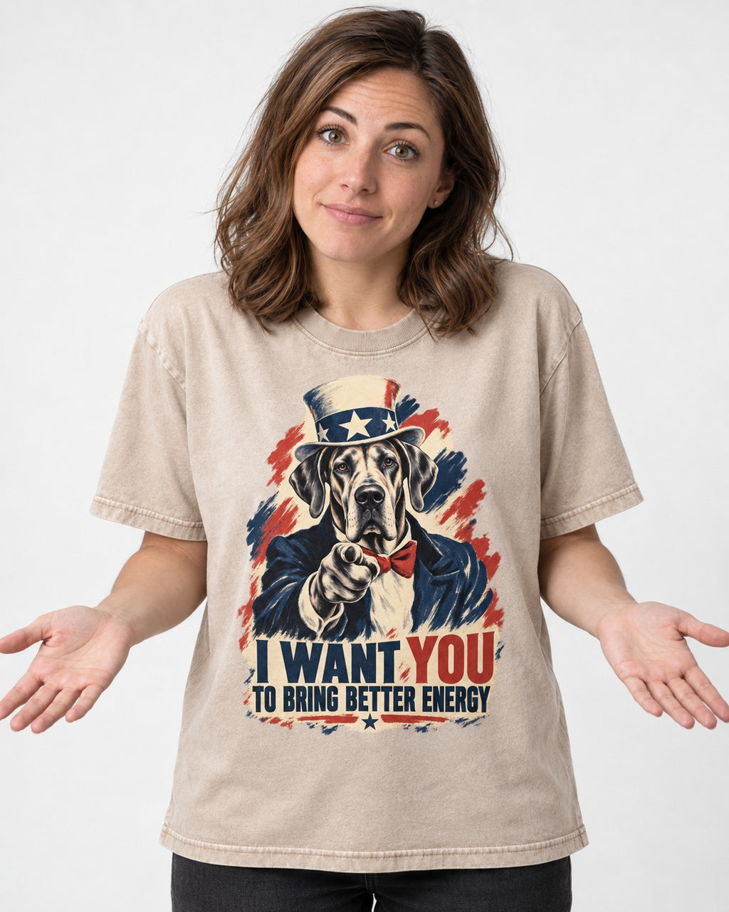 Great Dane I Want You to Bring Better Energy Uncle Sam Graphic Washed Tee in Apricot, worn by a model