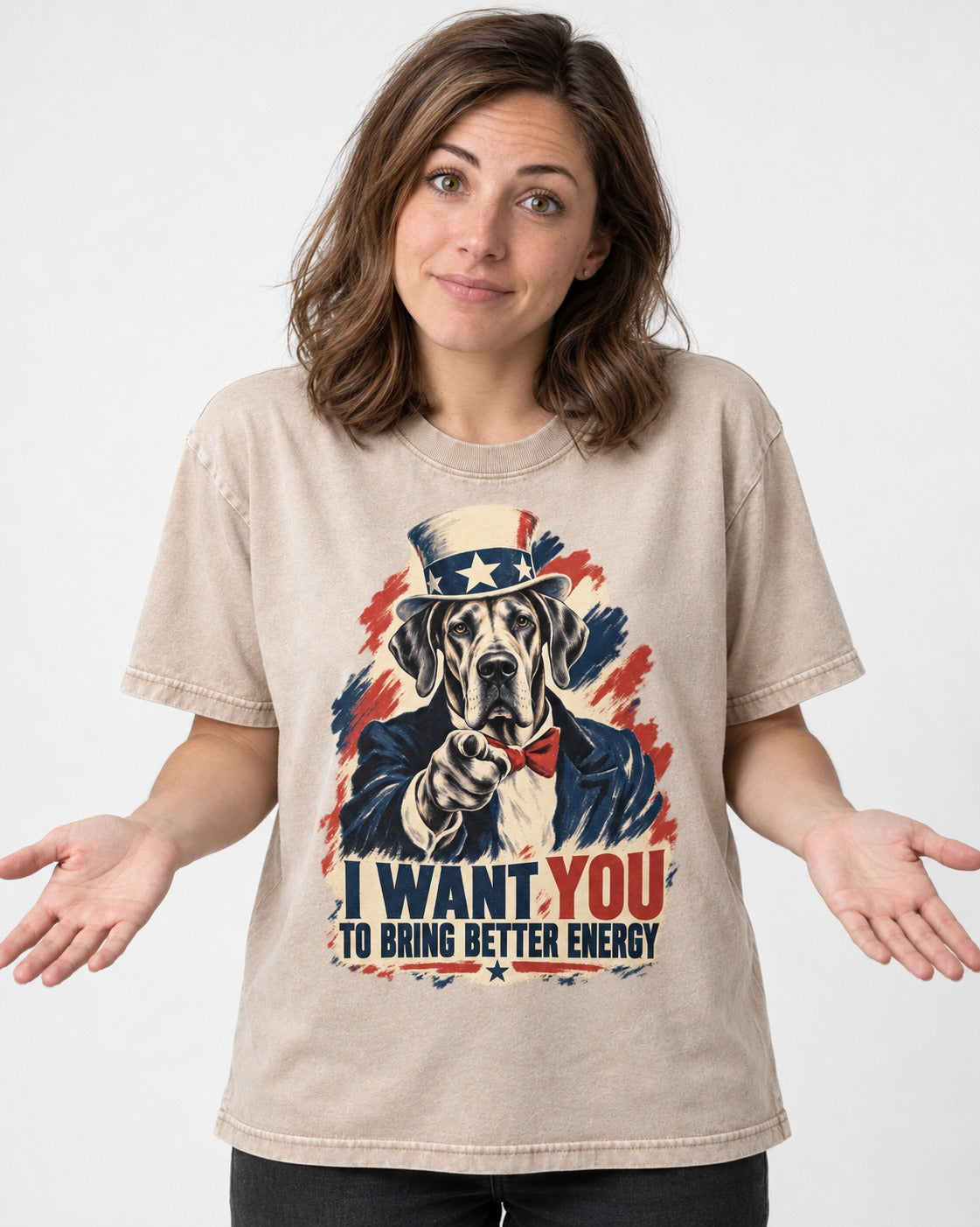 Great Dane I Want You to Bring Better Energy Uncle Sam Graphic Washed Tee in Apricot, worn by a model