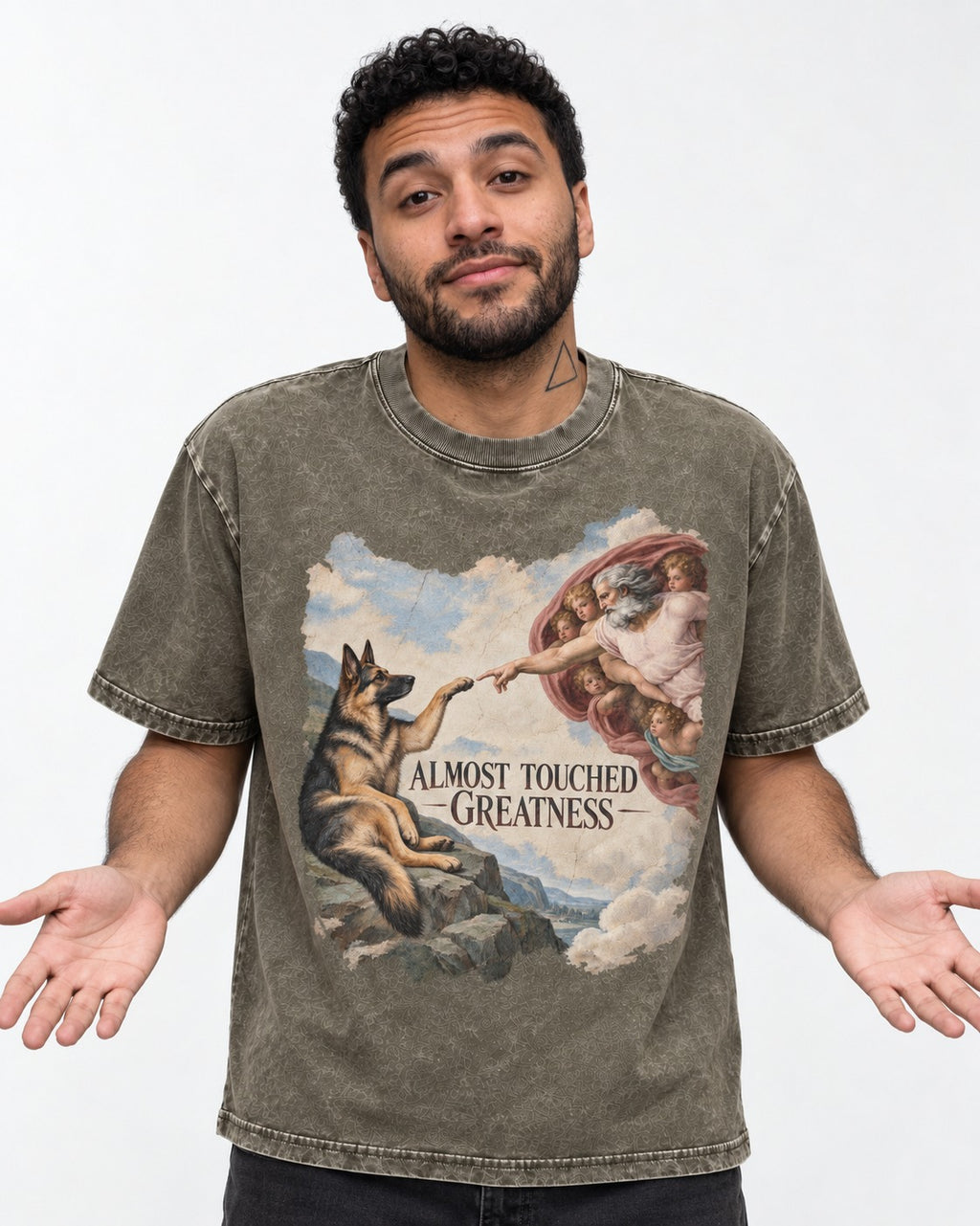 German Shepherd Dog Almost Touched Greatness Creation Parody Washed Tee in Army Green, worn by a model