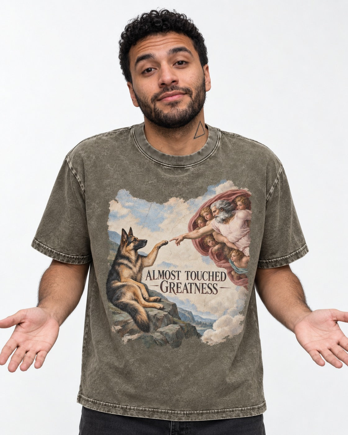 German Shepherd Dog Almost Touched Greatness Creation Parody Washed Tee in Army Green, worn by a model