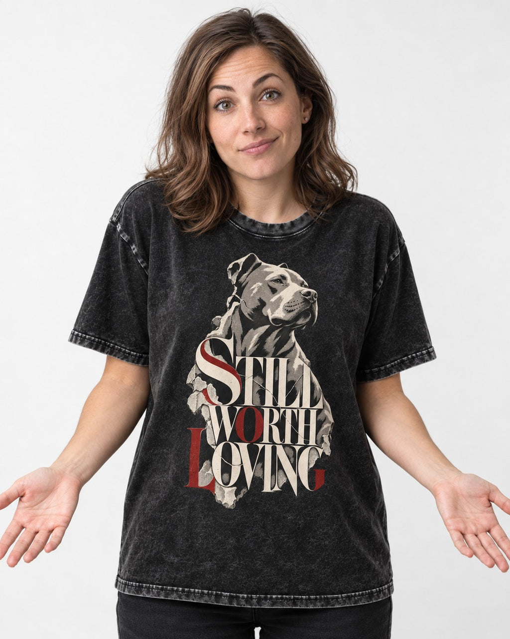 Pitbull Still Worth Loving Torn Poster Portrait Graphic Washed Tee in Black, worn by a model