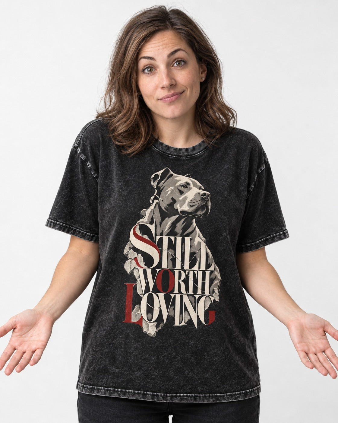 Pitbull Still Worth Loving Torn Poster Portrait Graphic Washed Tee in Black, worn by a model