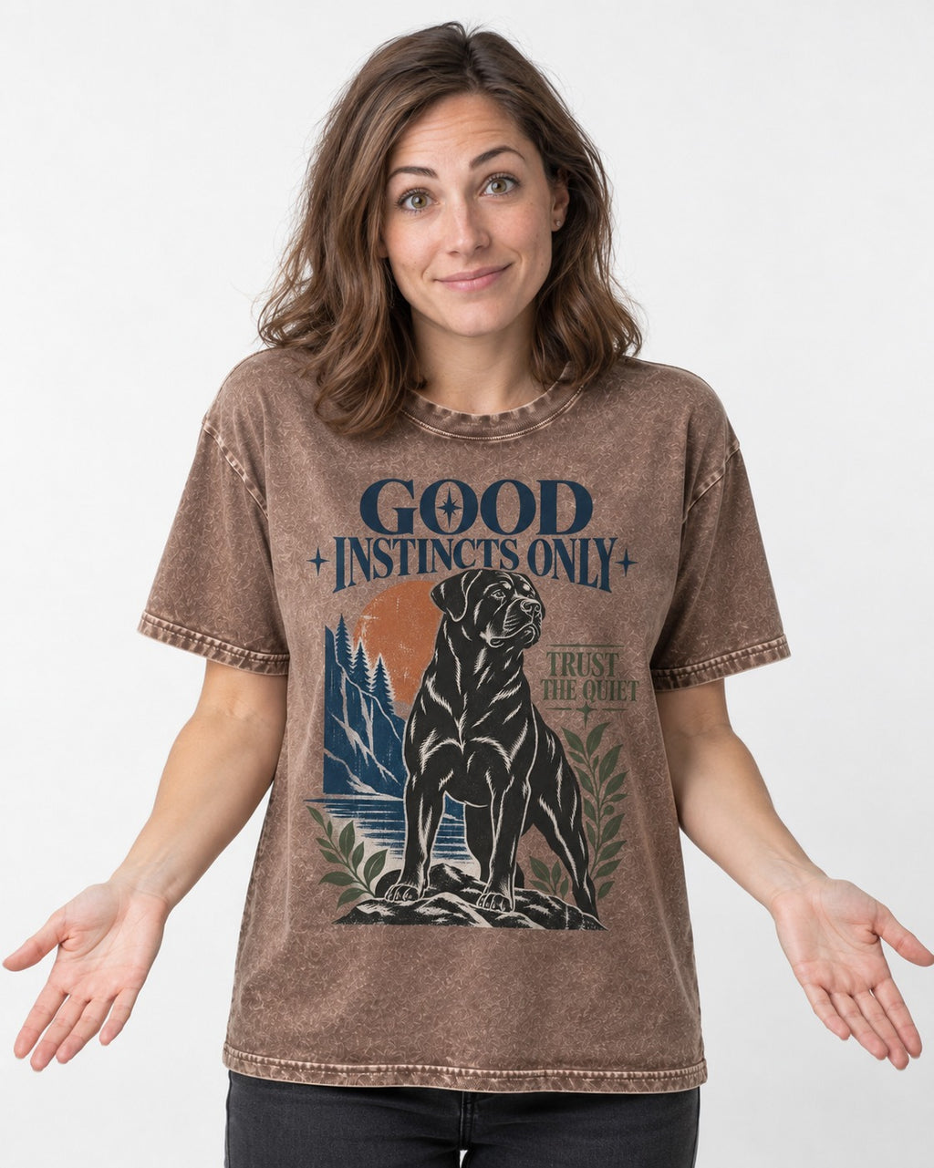 Good Instincts Only Rottweiler Washed Tee in Coffee, worn by a model