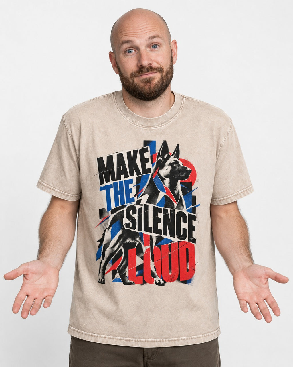 German Shepherd Dog Make the Silence Loud Washed Tee in Apricot, worn by a model