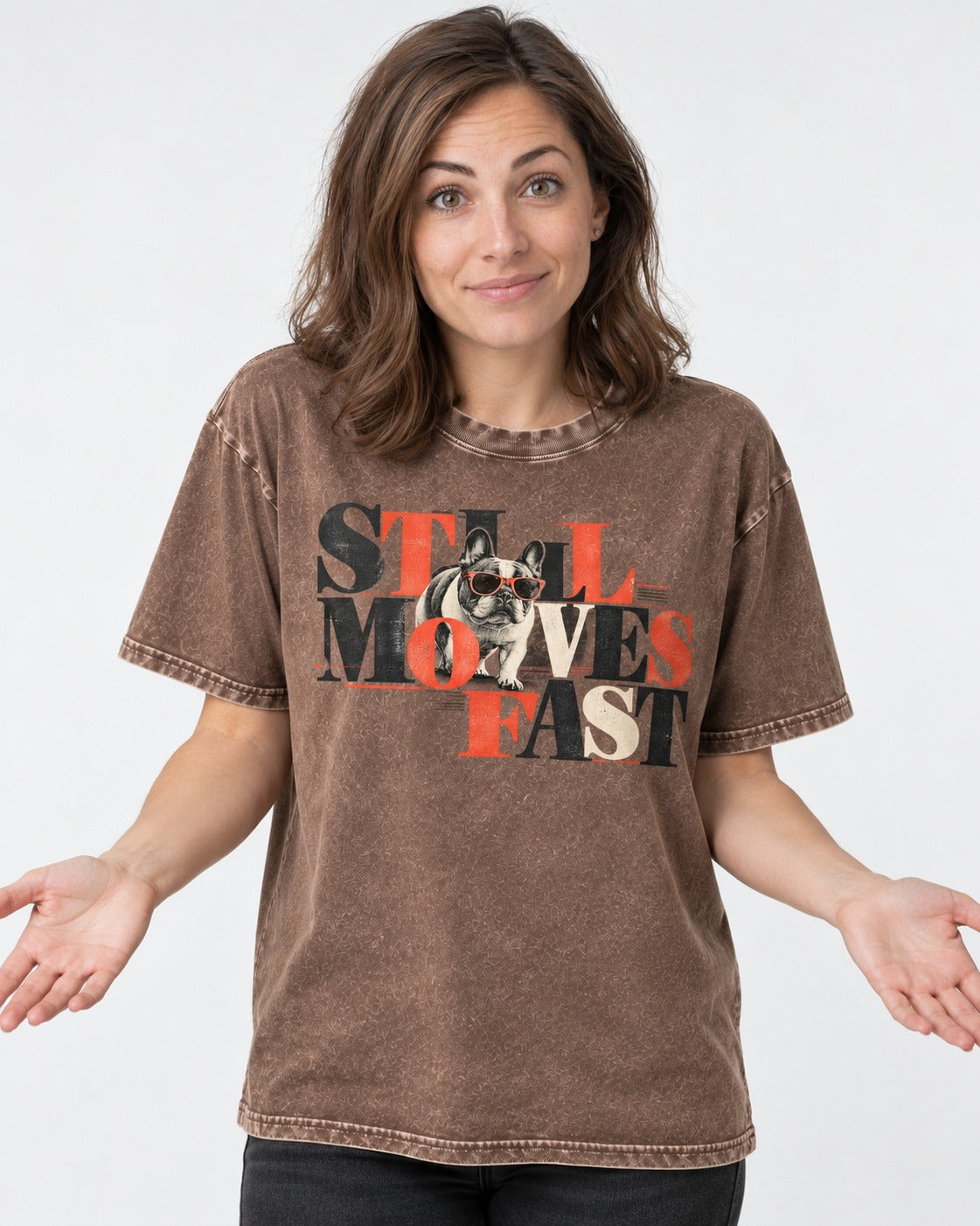 Frenchie Still Moves Fast Washed Tee in Coffee, worn by a model