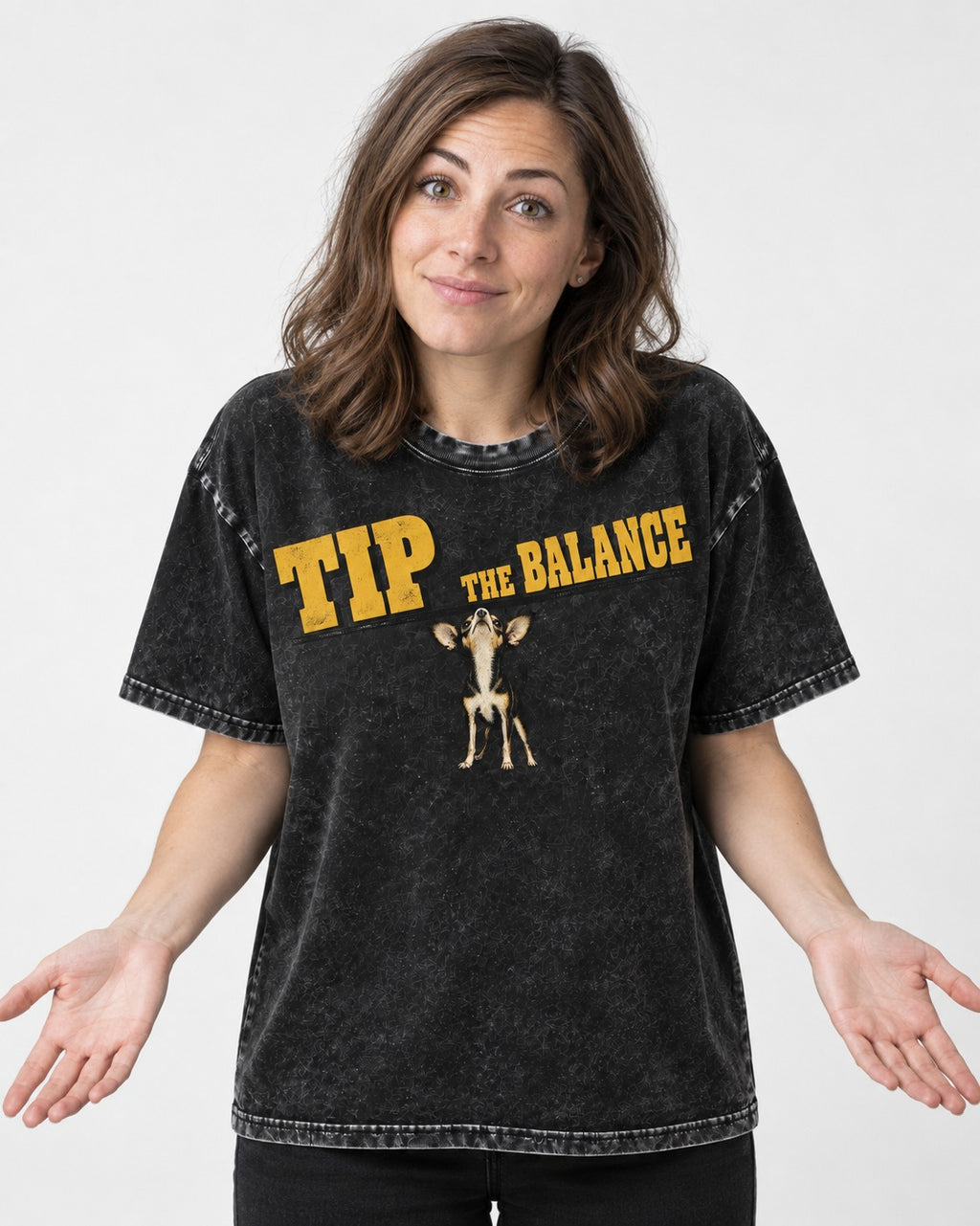 Chihuahua Tip the Balance Beam Graphic Washed Tee in Black, worn by a model