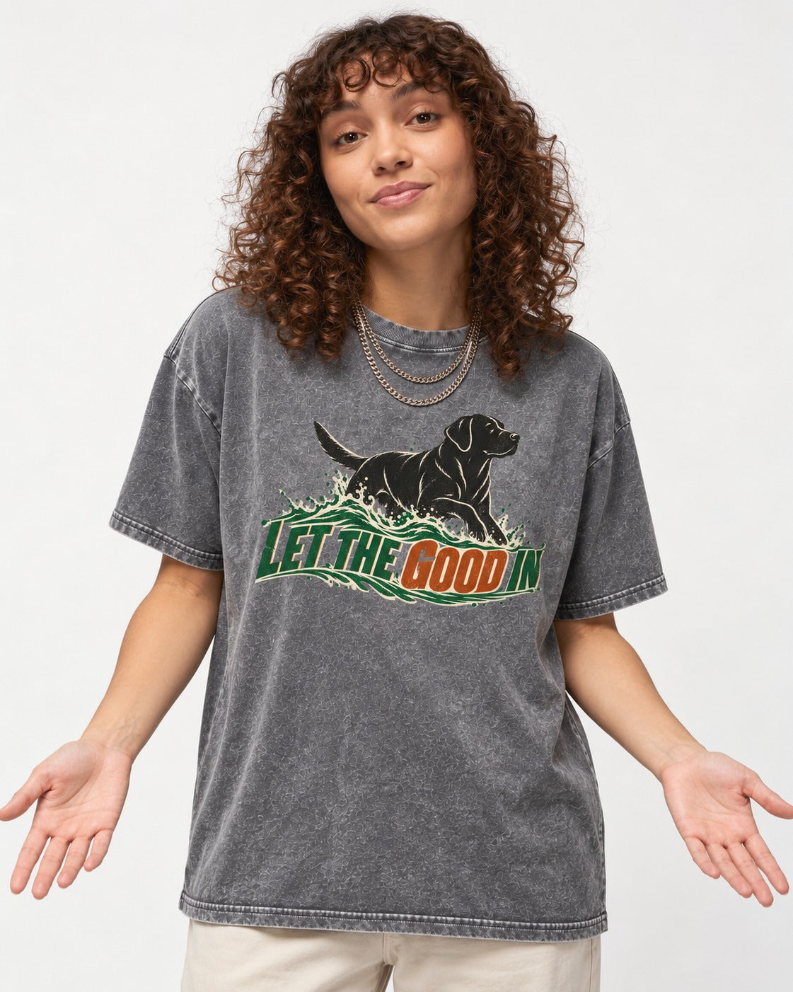 Labrador Retriever Let the Good In Washed Tee in Gray, worn by a model