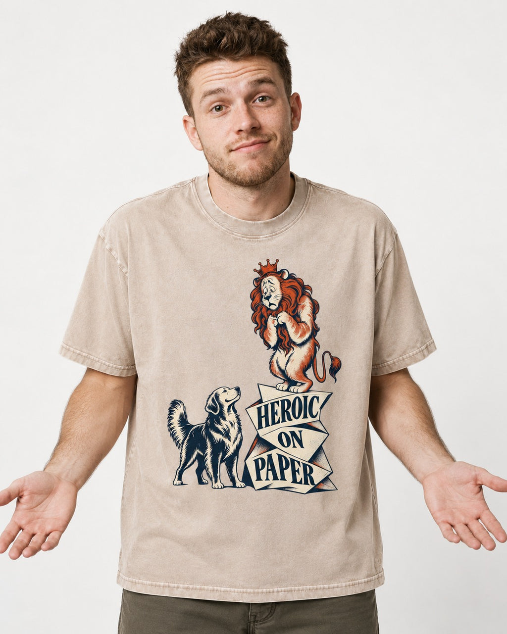 Golden Retriever Heroic on Paper Lion Graphic Washed Tee in Apricot, worn by a model