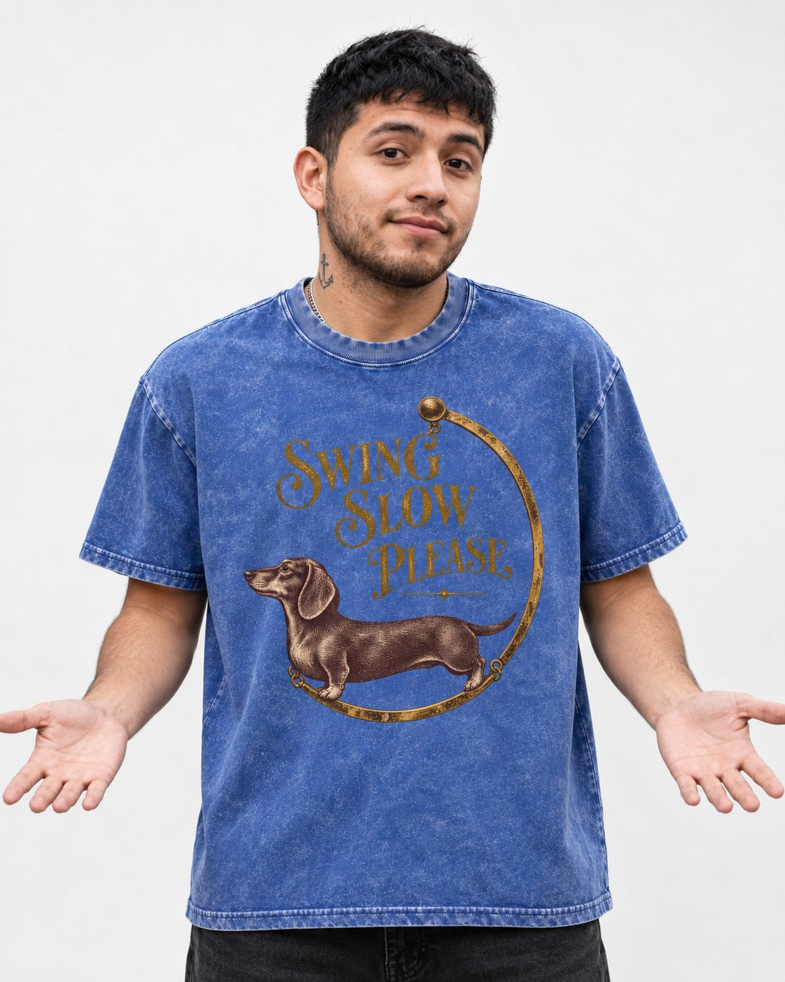 Dachshund Swing Slow Please Necklace Frame Graphic Washed Tee in Royal Blue, worn by a model