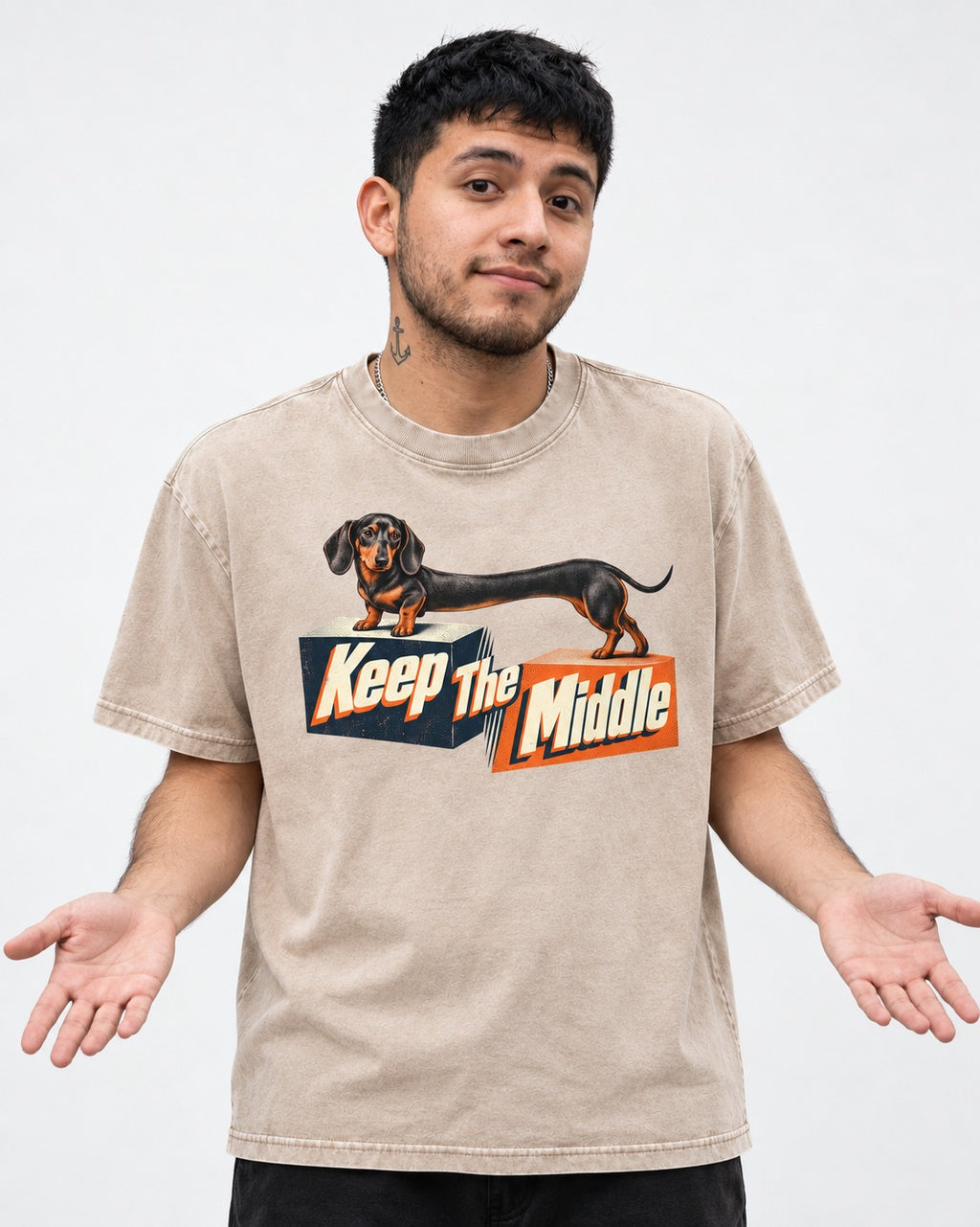 Dachshund Keep The Middle Block Bridge Graphic Washed Tee in Apricot, worn by a model