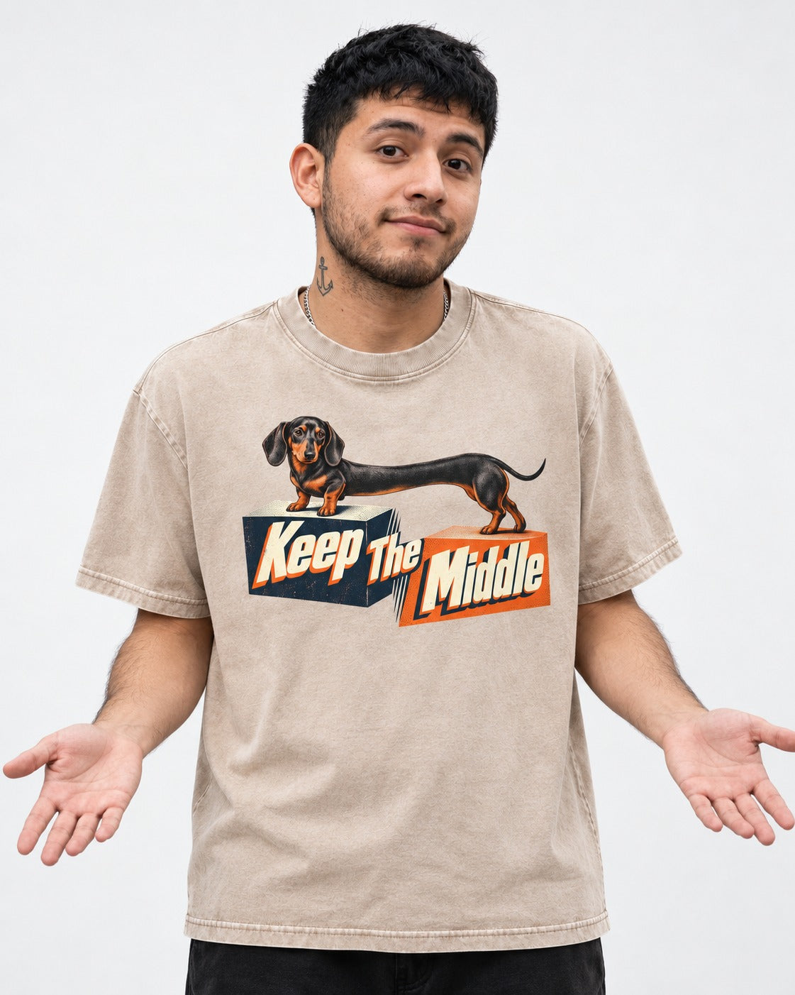 Dachshund Keep The Middle Block Bridge Graphic Washed Tee in Apricot, worn by a model