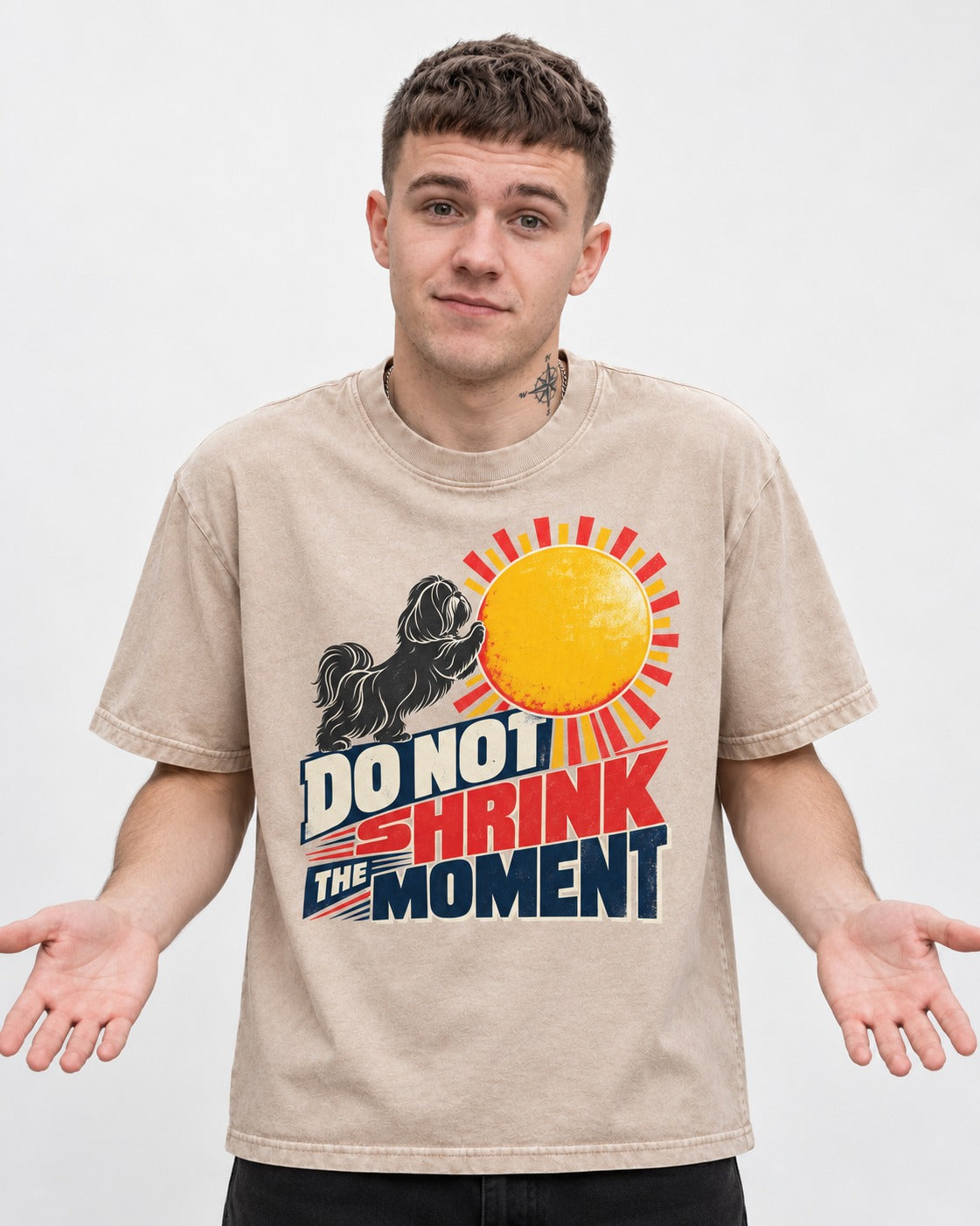 Shih Tzu Do Not Shrink the Moment Sun Graphic Washed Tee in Apricot, worn by a model