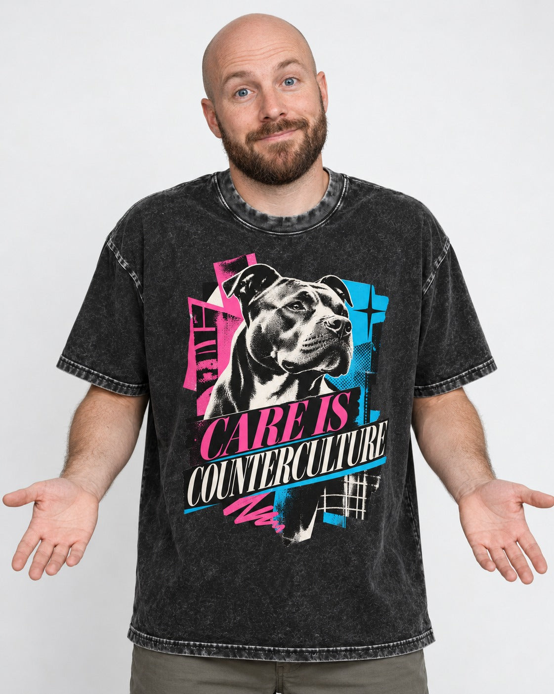 Pitbull Care Is Counterculture Neon Collage Portrait Graphic Washed Tee in Black, worn by a model