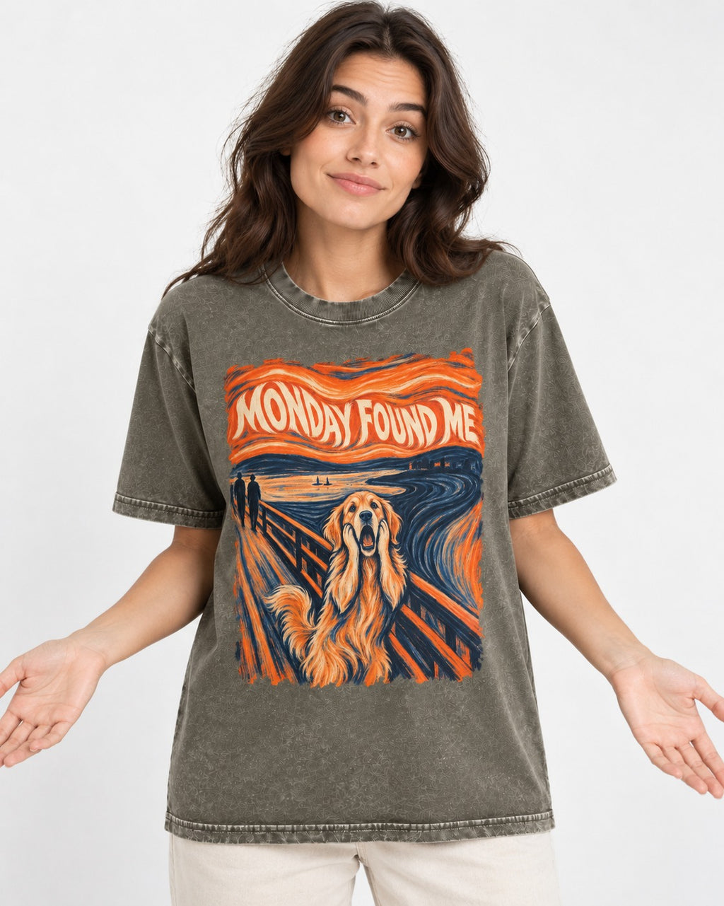 Monday Found Me Scream Golden Retriever Graphic Washed Tee in Army Green, worn by a model