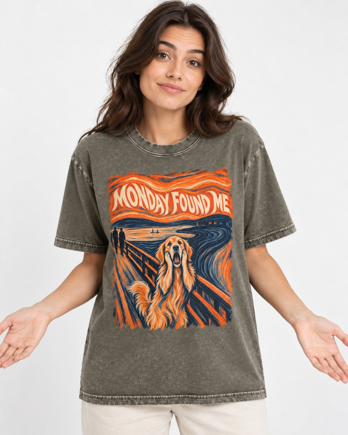 Monday Found Me Scream Golden Retriever Graphic Washed Tee in Army Green, worn by a model