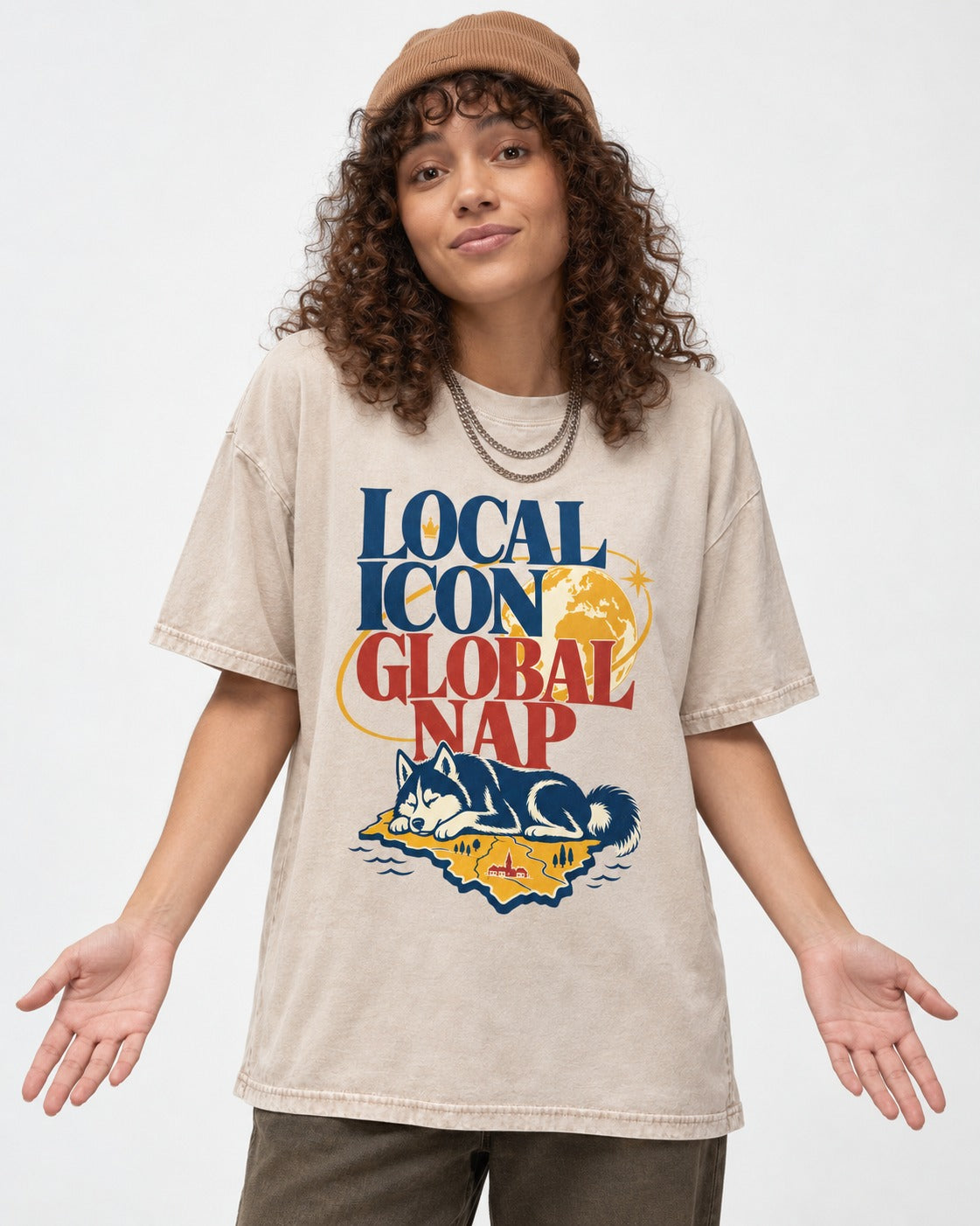 Husky Local Icon Global Nap Washed Tee in Apricot, worn by a model