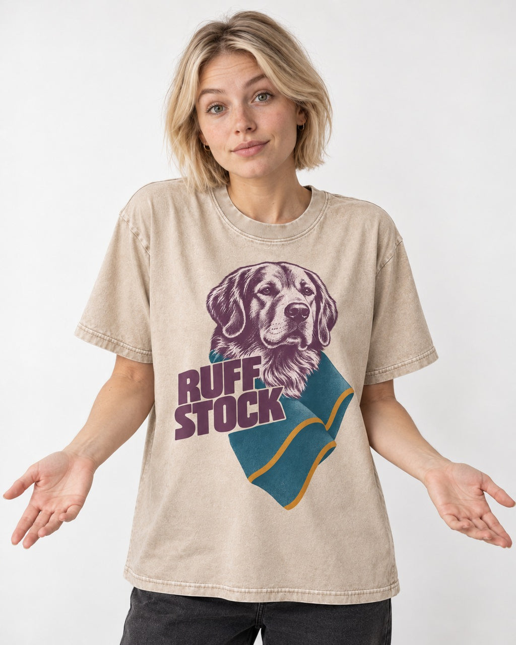 Golden Retriever Ruff Stock Washed Tee in Apricot, worn by a model