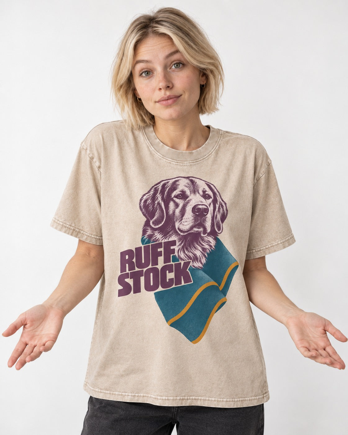 Golden Retriever Ruff Stock Washed Tee in Apricot, worn by a model