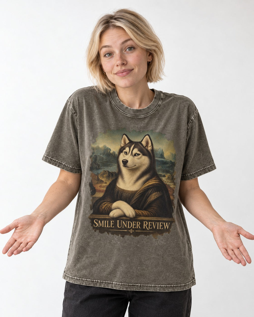 Husky Smile Under Review Renaissance Portrait Graphic Washed Tee in Army Green, worn by a model
