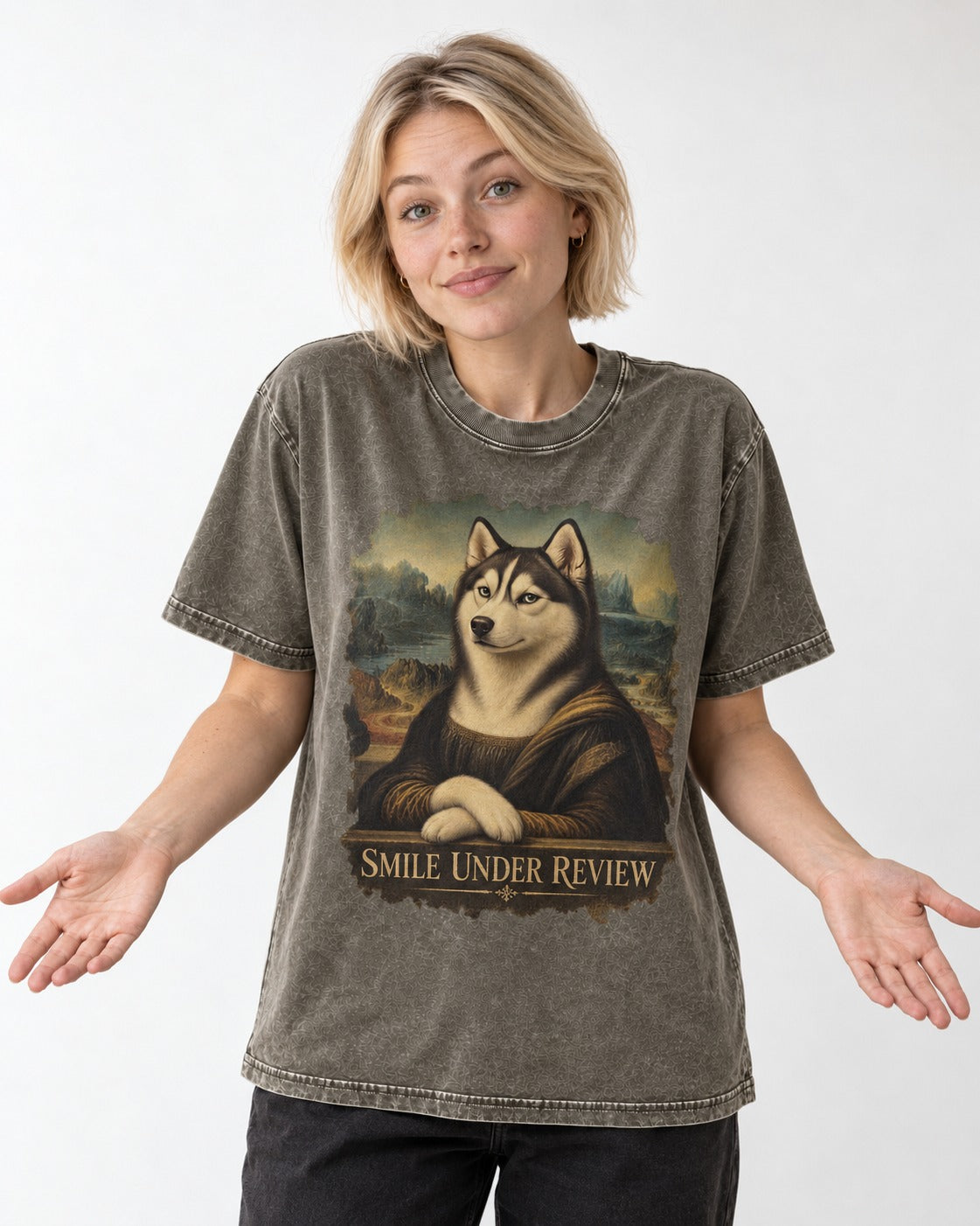 Husky Smile Under Review Renaissance Portrait Graphic Washed Tee in Army Green, worn by a model