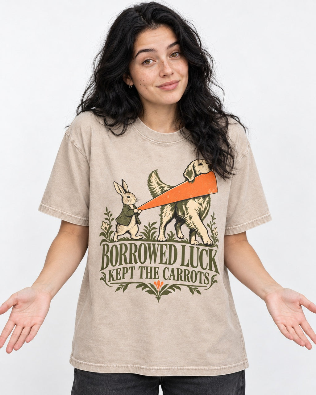 Borrowed Luck Golden Retriever Washed Tee in Apricot, worn by a model