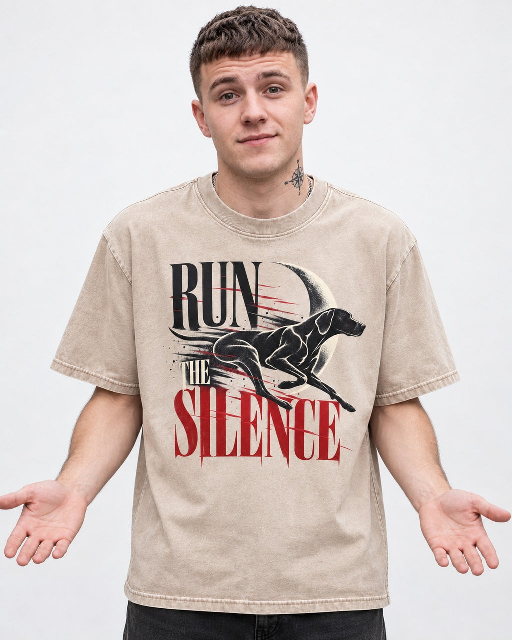 Run the Silence German Shorthaired Pointer Washed Tee in Apricot, worn by a model
