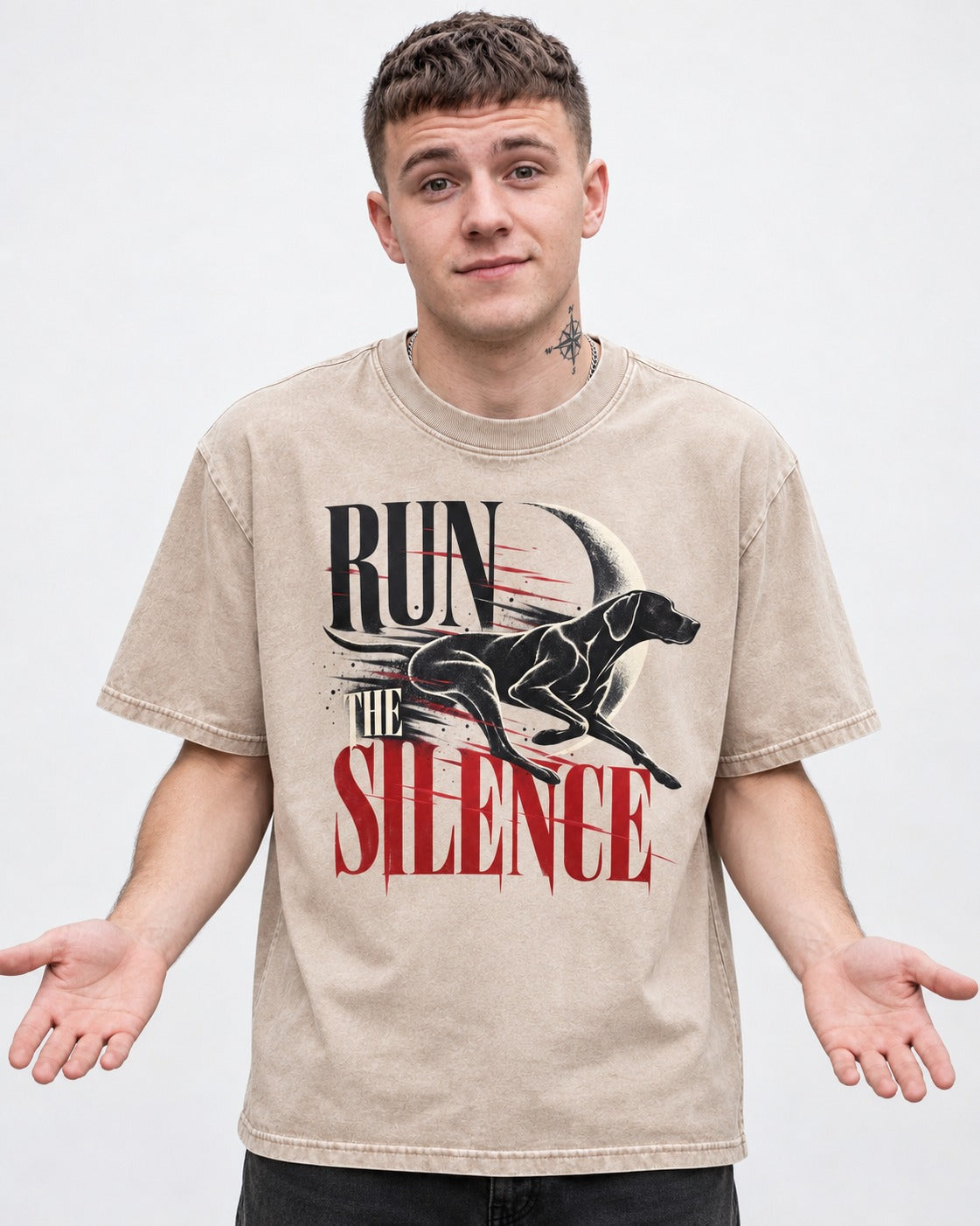 Run the Silence German Shorthaired Pointer Washed Tee in Apricot, worn by a model
