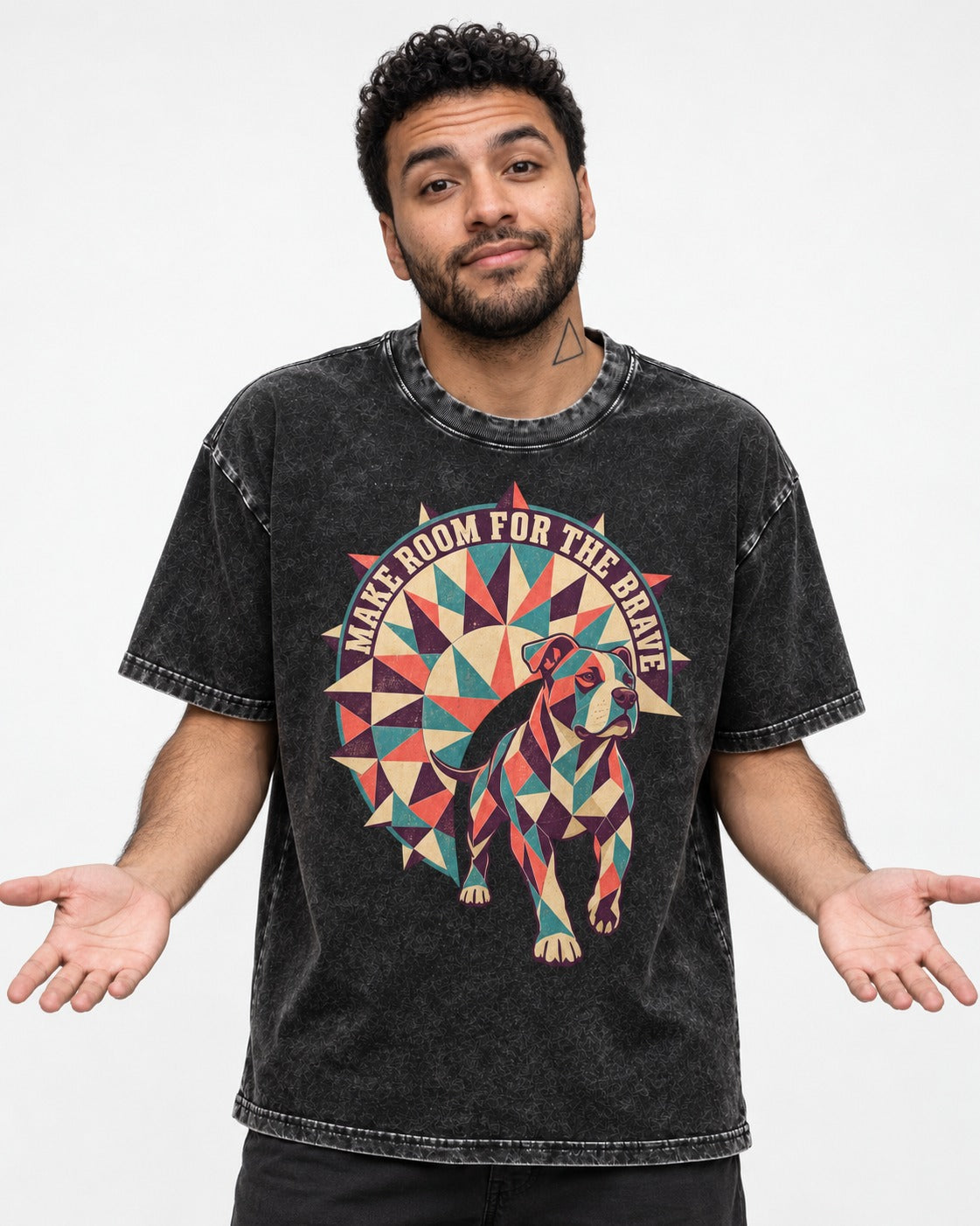 Pitbull Make Room for the Brave Mosaic Graphic Washed Tee in Black, worn by a model
