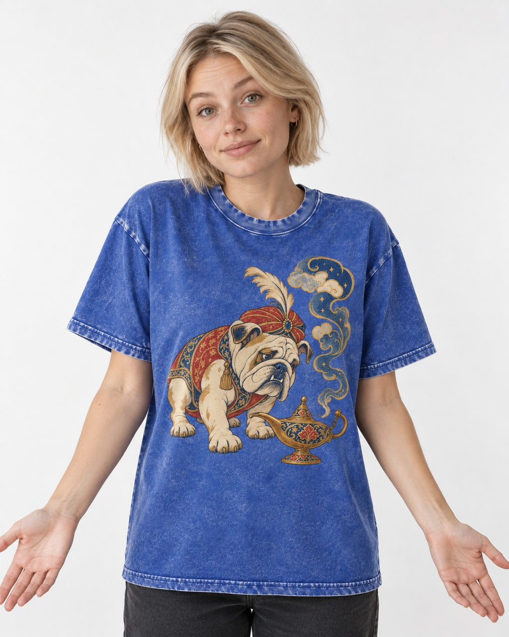 English Bulldog Magic Lamp Genie Graphic Washed Tee in Royal Blue, worn by a model