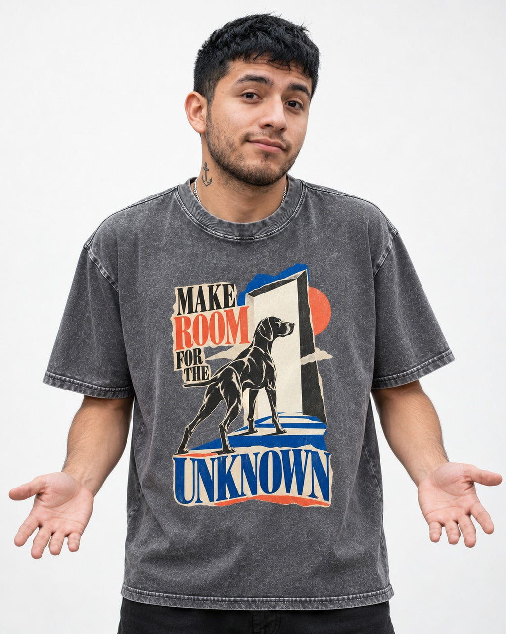 German Shorthaired Pointer Room for the Unknown Washed Tee in Gray, worn by a model