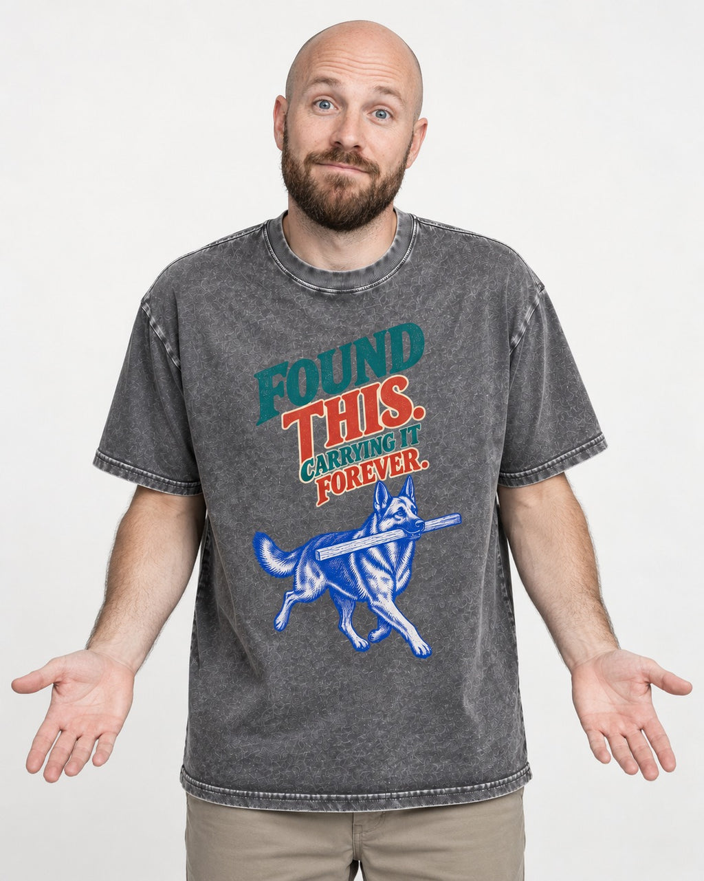 German Shepherd Dog Carrying It Forever Washed Tee in Gray, worn by a model
